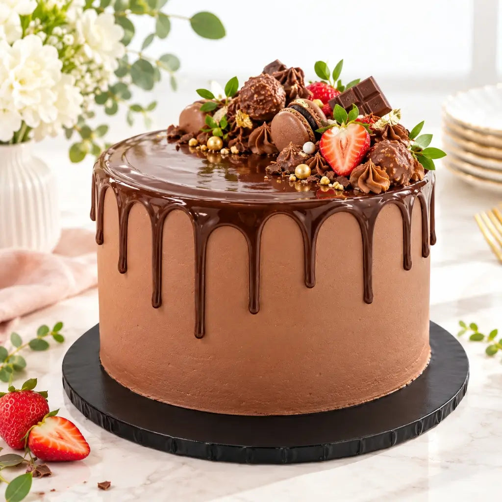 Elegant black and gold birthday cake displayed on a round black masonite cake board