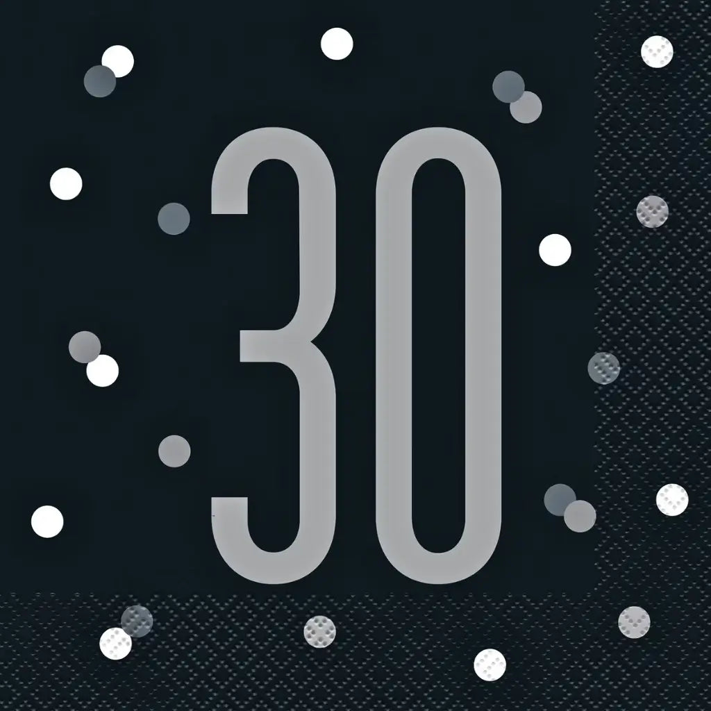Black and silver 30th birthday paper napkins featuring a large silver number 30