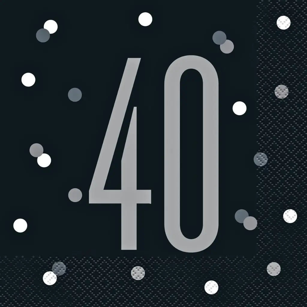 Black and silver 40th birthday paper napkins featuring bold silver number 40 with confetti dots