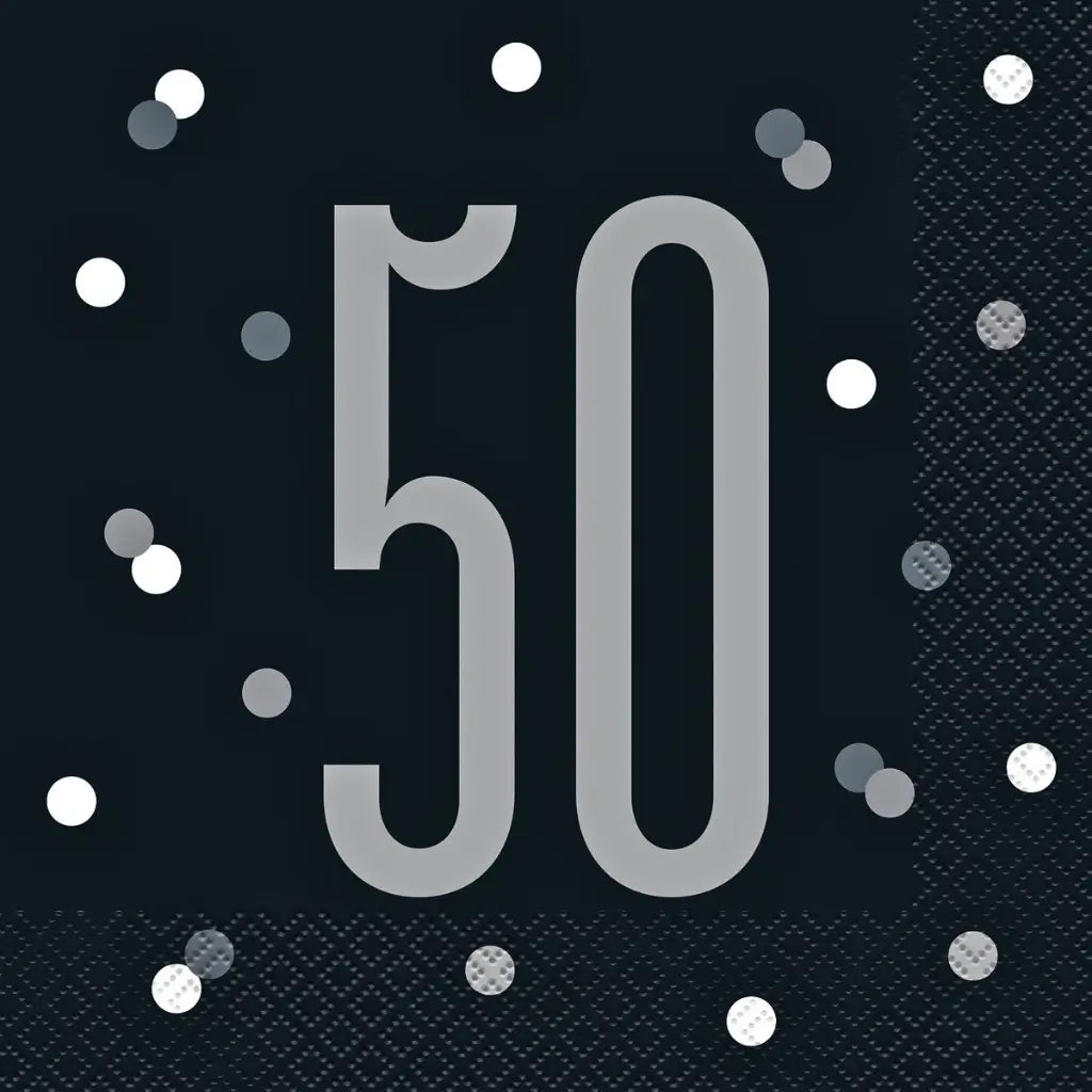 Black and silver 50th birthday paper napkins featuring a large silver 50 and scattered confetti dots