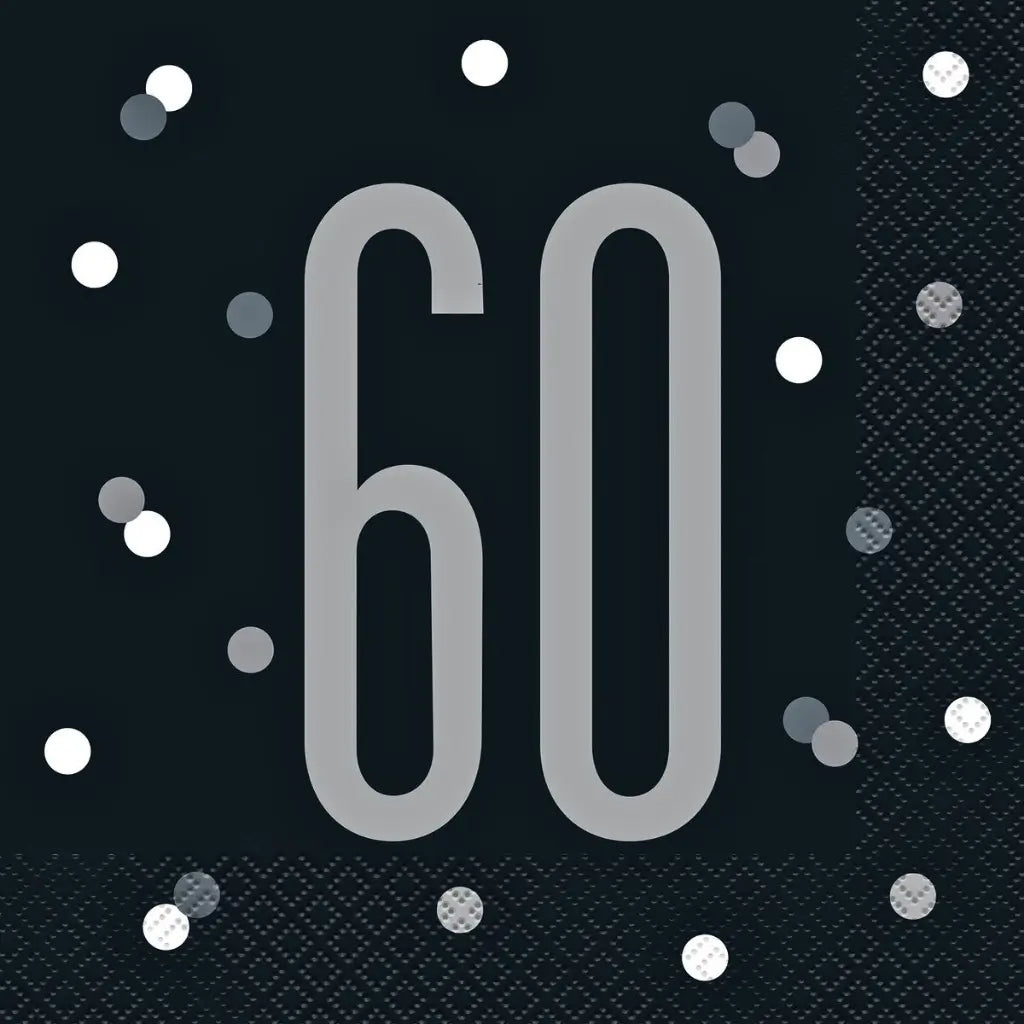 Black and silver 60th birthday luncheon napkins with bold silver 60 and scattered confetti