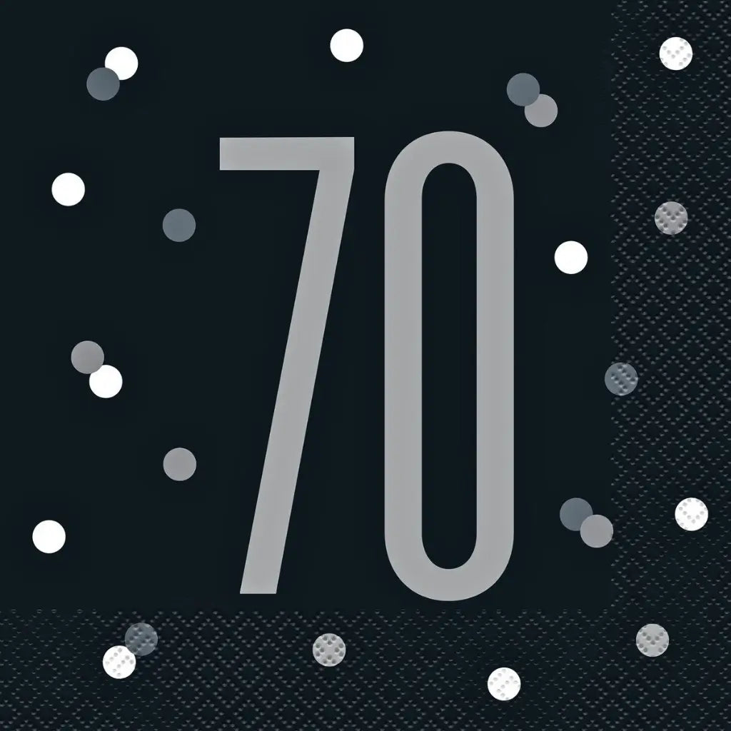  Black and silver 70th birthday paper napkins 16 pack featuring large silver number 70 and confetti dots