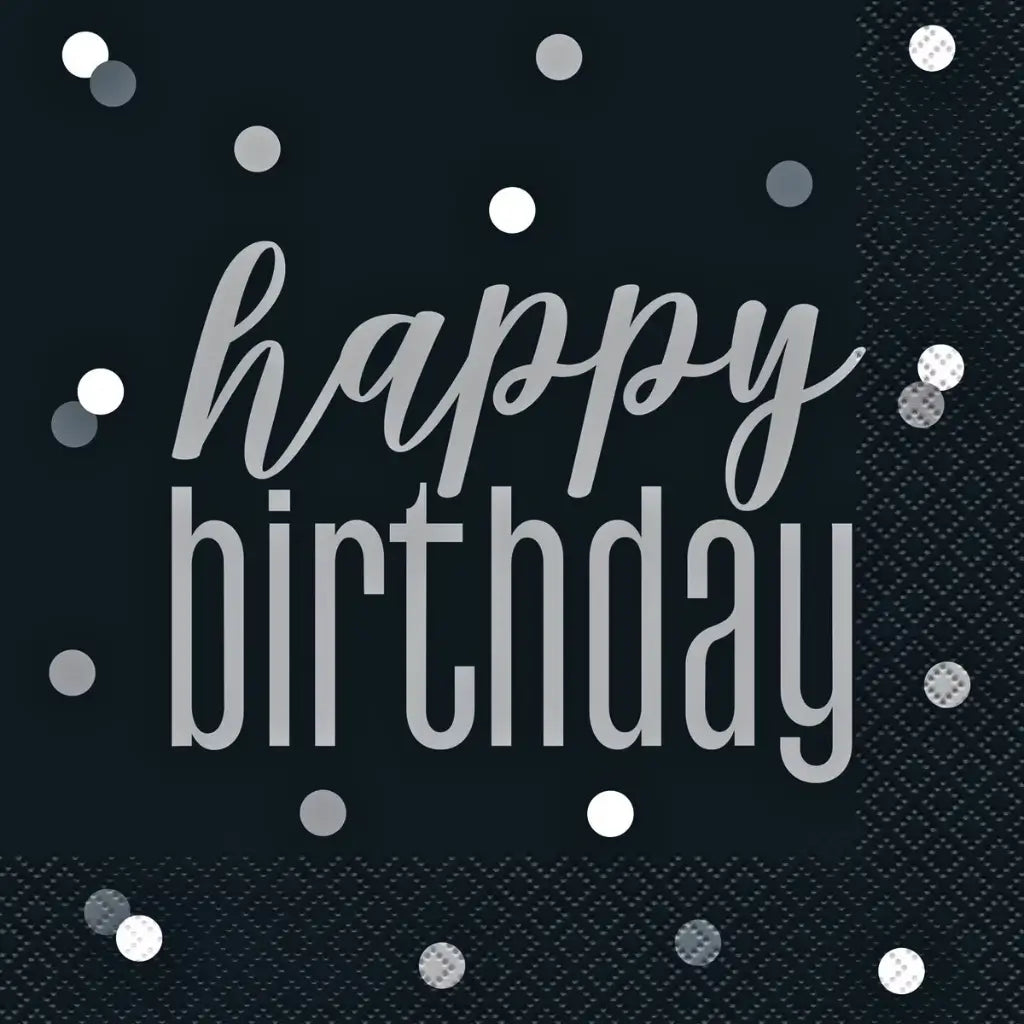 Black and silver Happy Birthday paper napkin with elegant silver lettering and scattered confetti dots