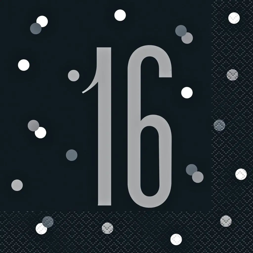 Black and silver Sweet 16 birthday paper napkins featuring a silver number 16 design