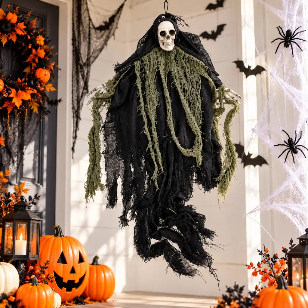 Black skull reaper decoration draped in ragged black and grey fabric