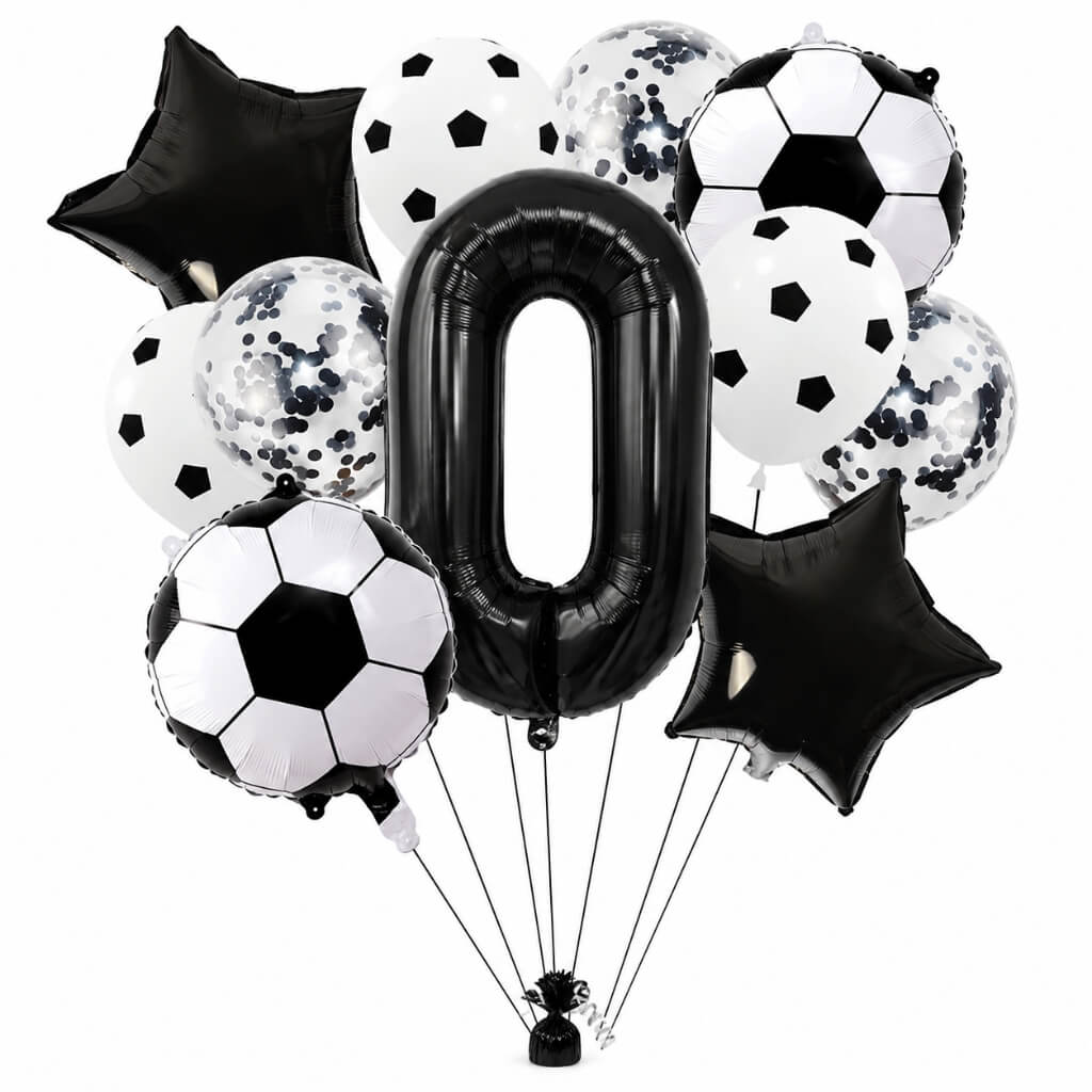 Kids soccer birthday balloons with black stars and black confetti latex number 0