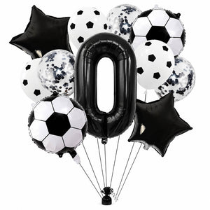 Kids soccer birthday balloons with black stars and black confetti latex number 0