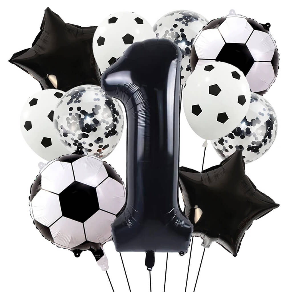 Black Soccer Star Celebration Balloon Set with 40" number foil and soccer balls