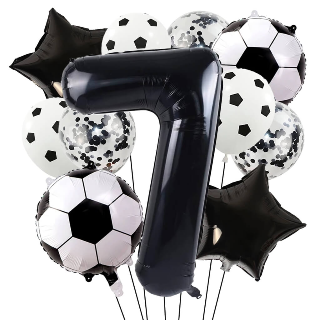 Black Soccer Star Celebration Balloon Set with 40" number foil and soccer balls age 7
