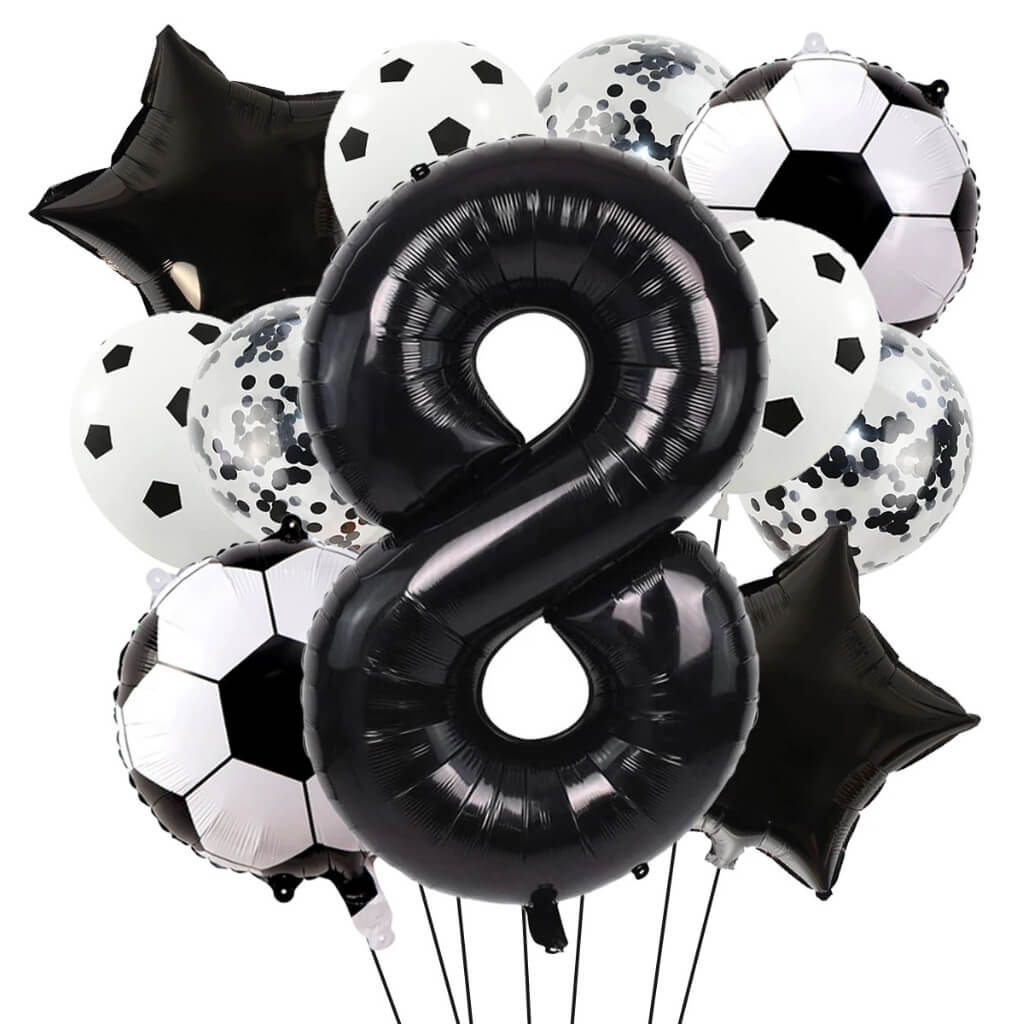 Kids soccer birthday balloons with black stars and confetti latex age 8