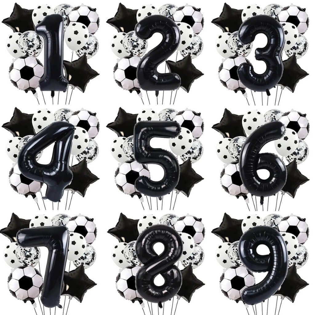 Black Soccer Star Celebration Balloon Set with 40" number foil and soccer balls