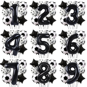 Black Soccer Star Celebration Balloon Set with 40" number foil and soccer balls