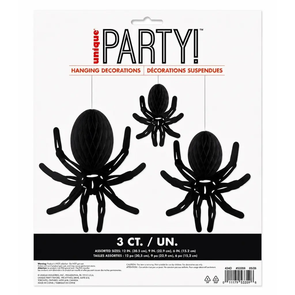 Three black spider hanging honeycomb Halloween decorations
