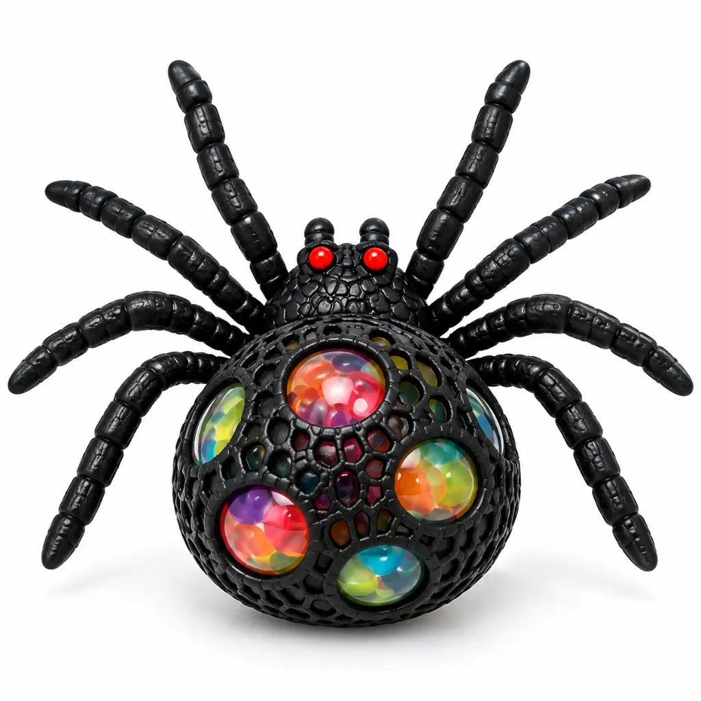Black spider squeeze ball with red eyes and colourful water beads