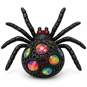 Black spider squeeze ball with red eyes and colourful water beads