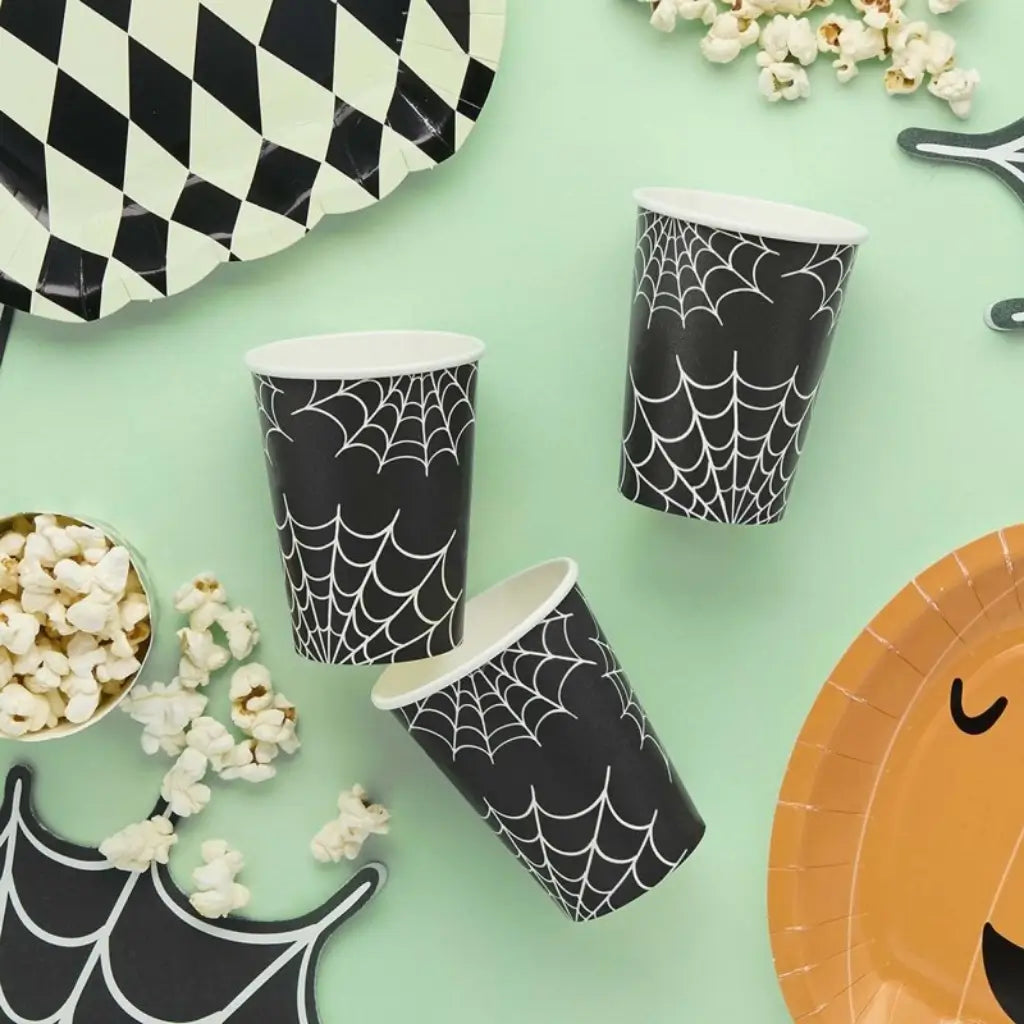 Retro Halloween Cobweb paper cups 266ml pack of 8