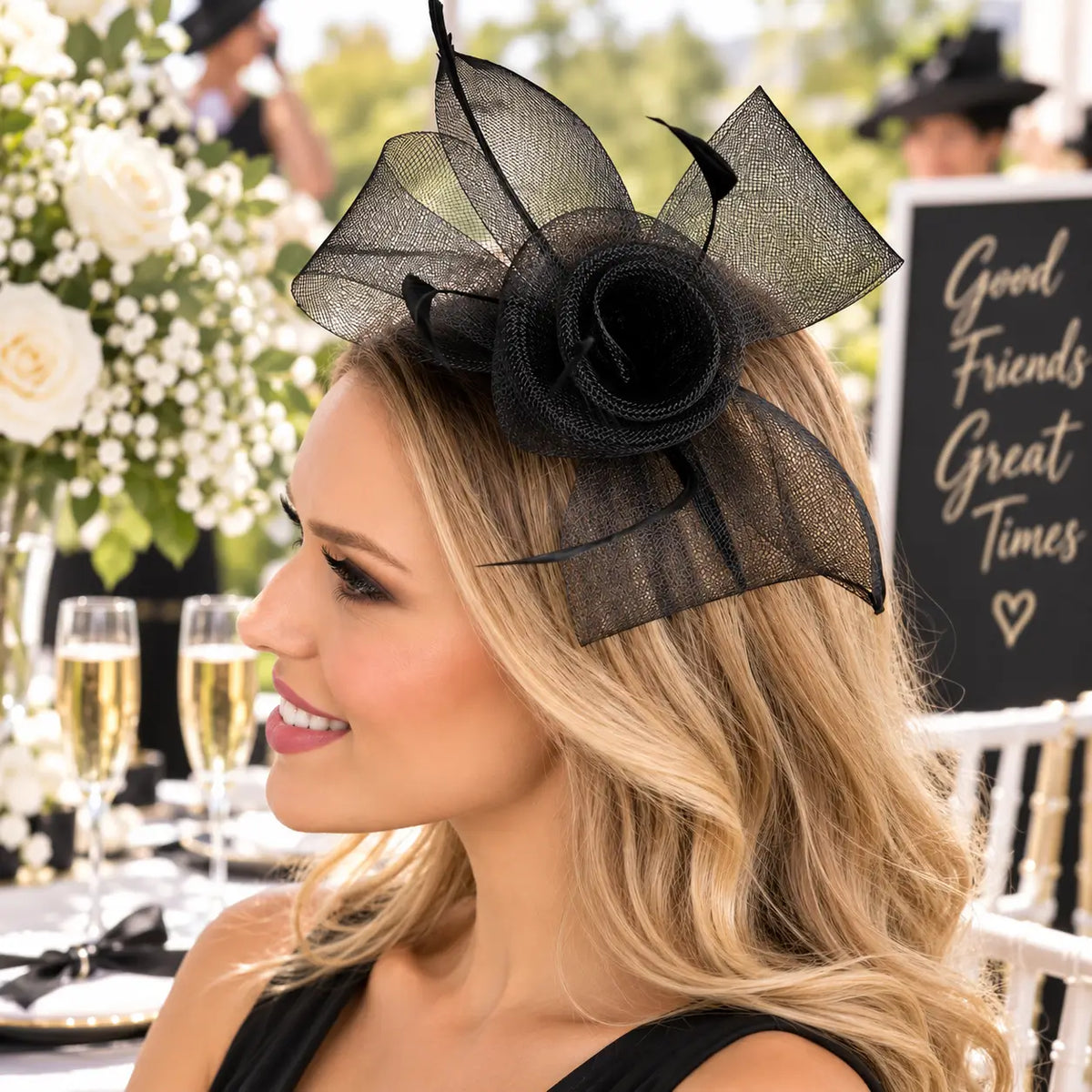 Tilly black floral headwear for Melbourne Cup celebrations