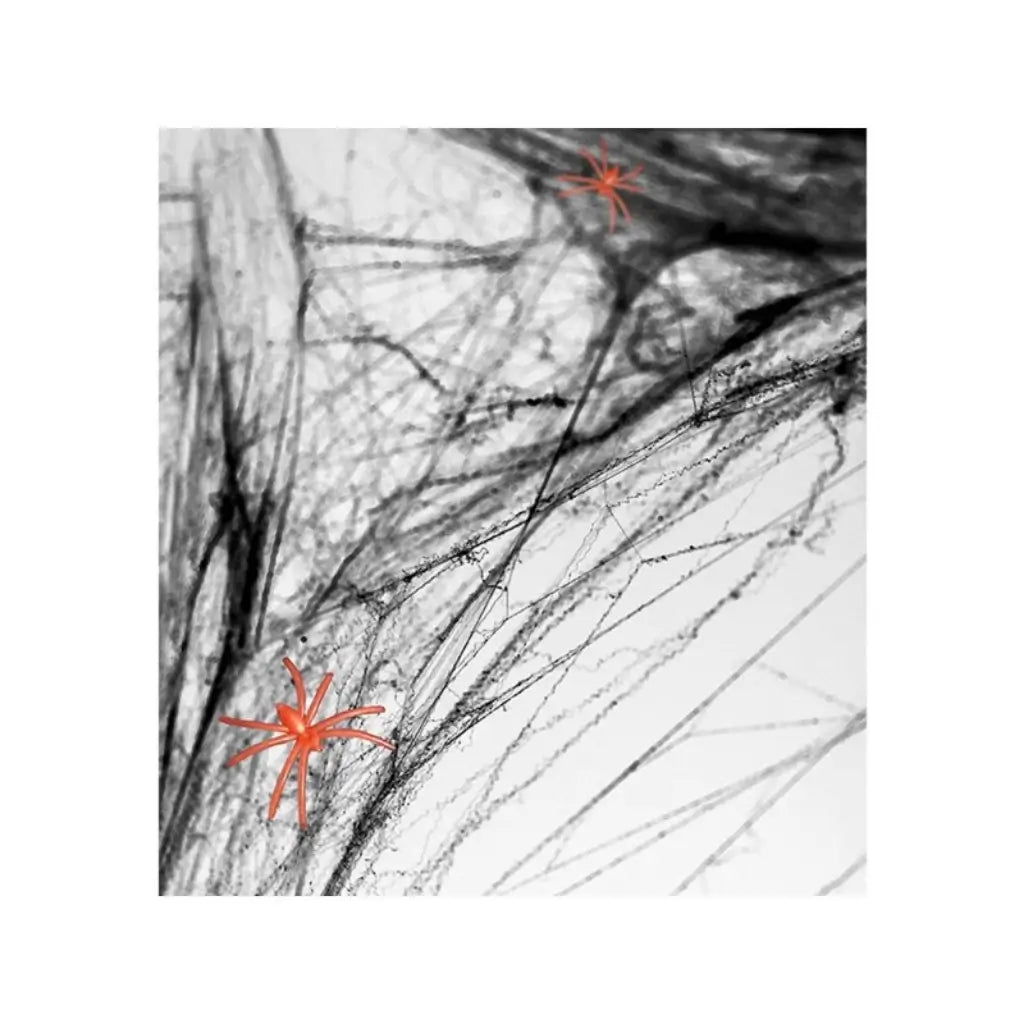 Black stretch spiderweb Halloween decoration with two plastic spiders