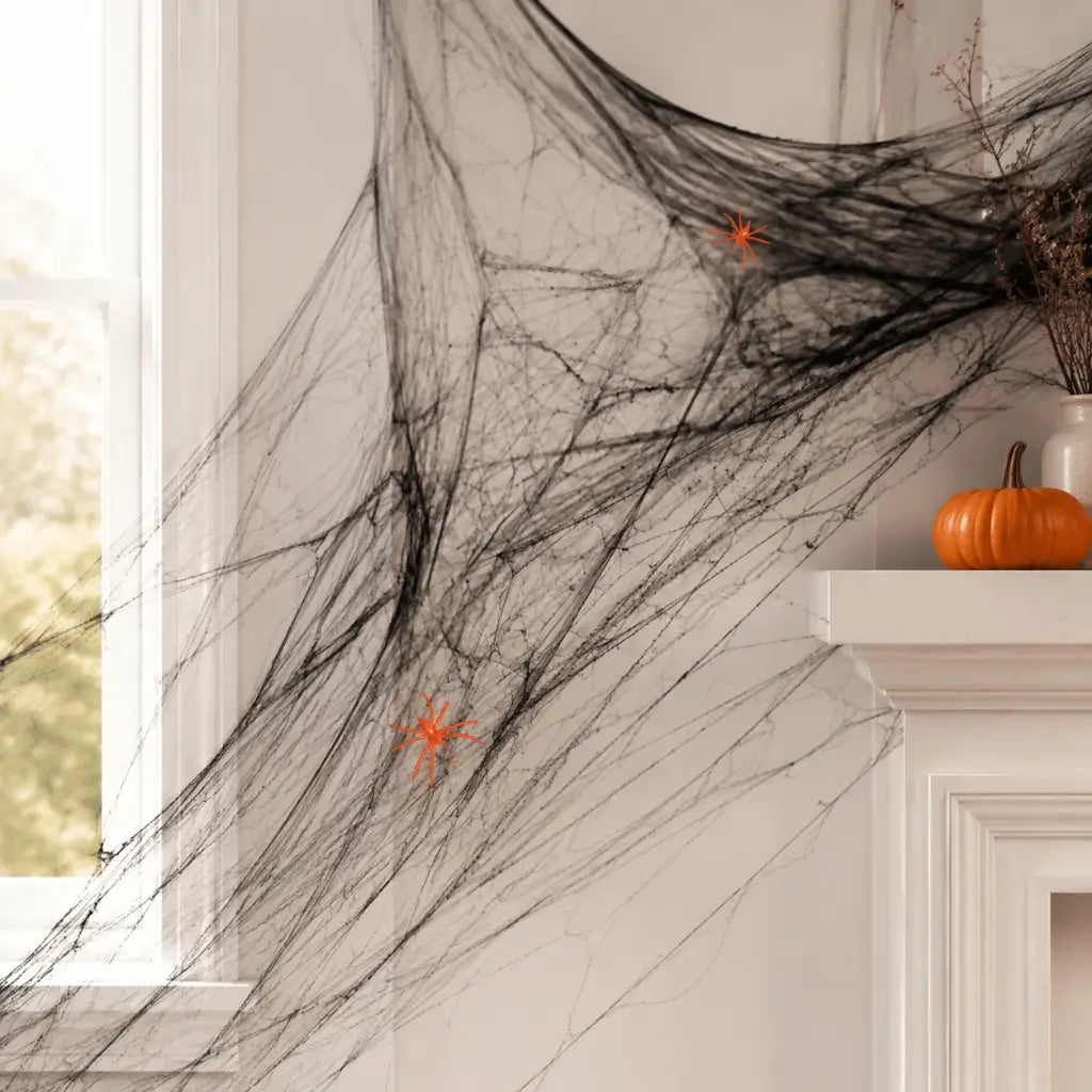 Black Stretch Spiderweb Halloween Decoration with Spiders 60g