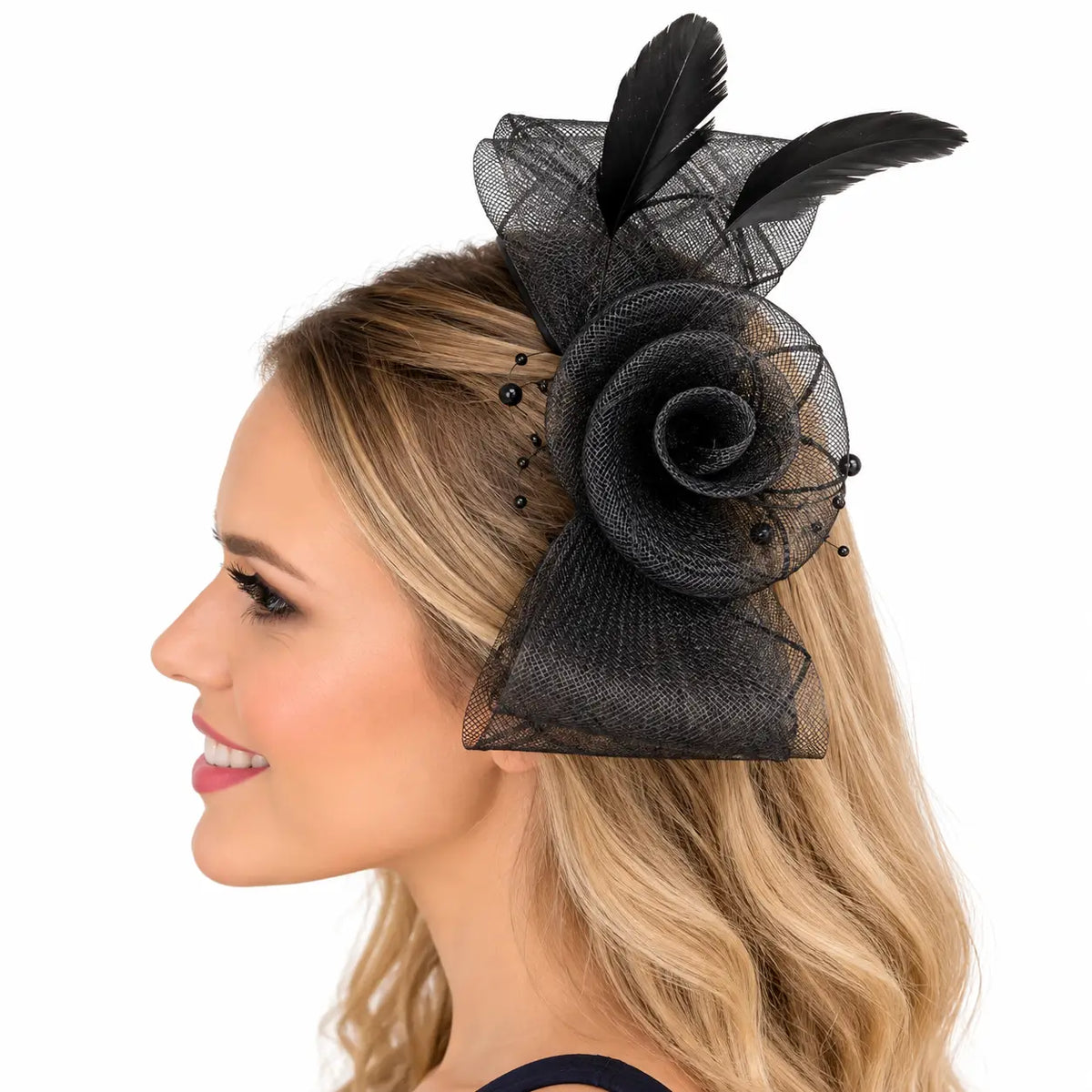 Black mesh flower fascinator decorated with feathers and bead sprays
