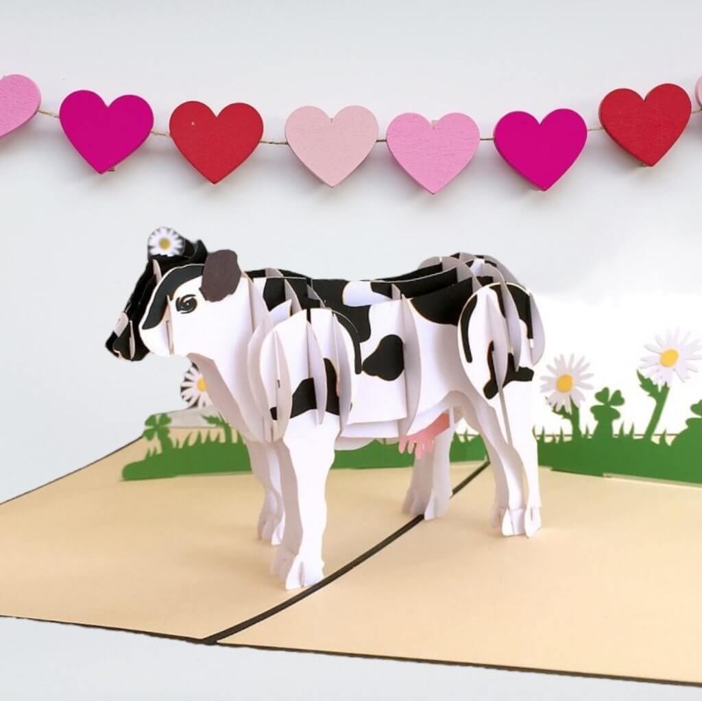 Handmade Black & White Australian Milk Cow Pop Up Greeting Card - 3D Farm Animal Cards