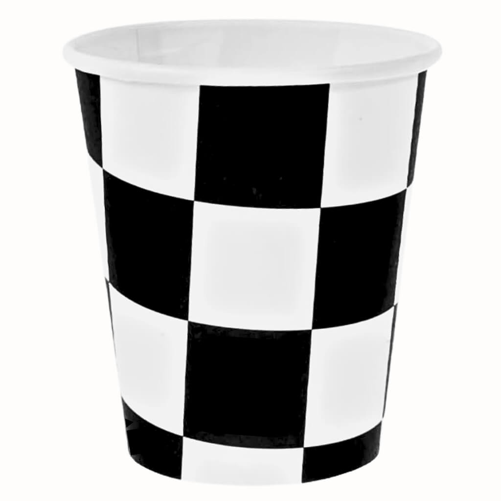 Black and white checkered paper cup on a white background
