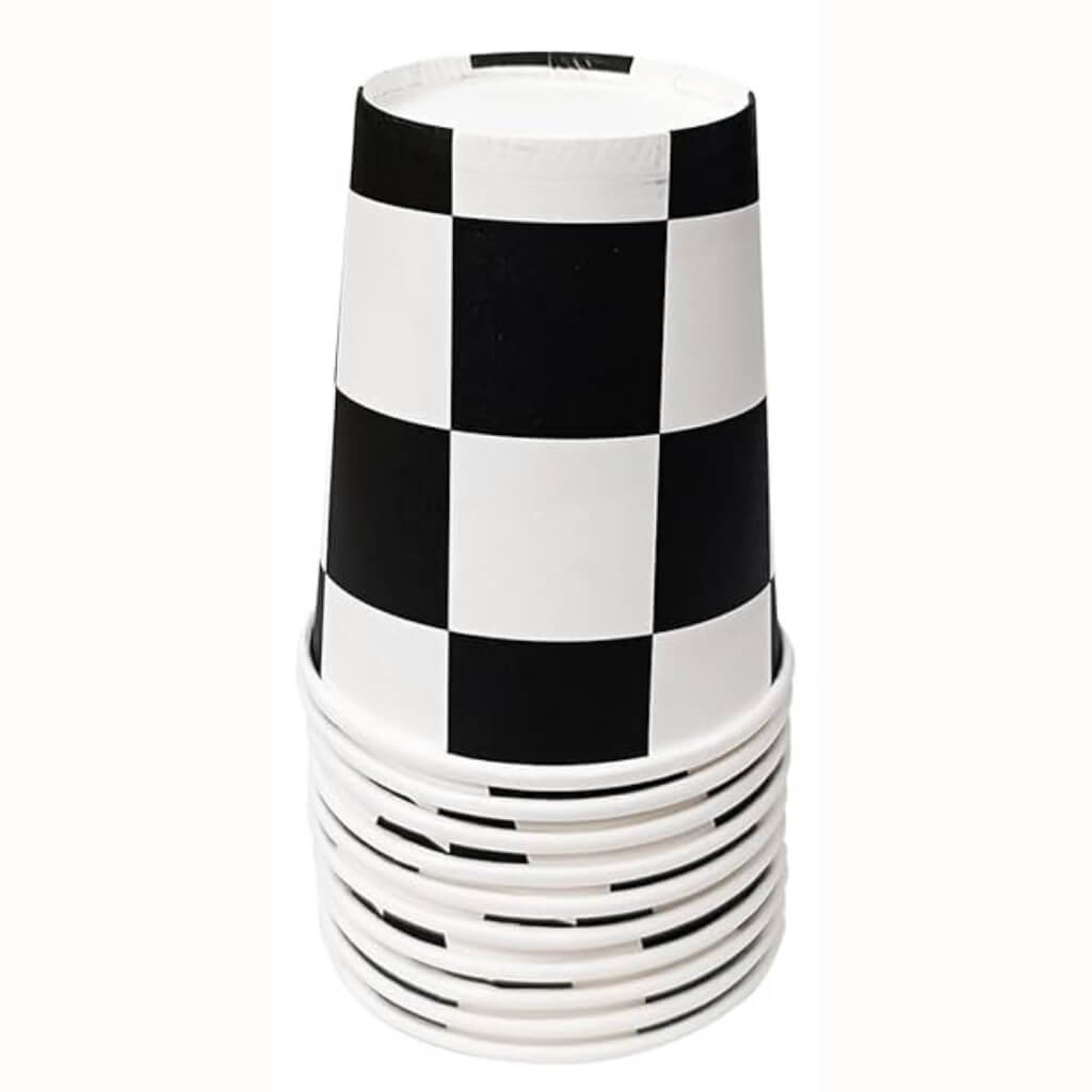 Black and white checkered paper cup on a white background