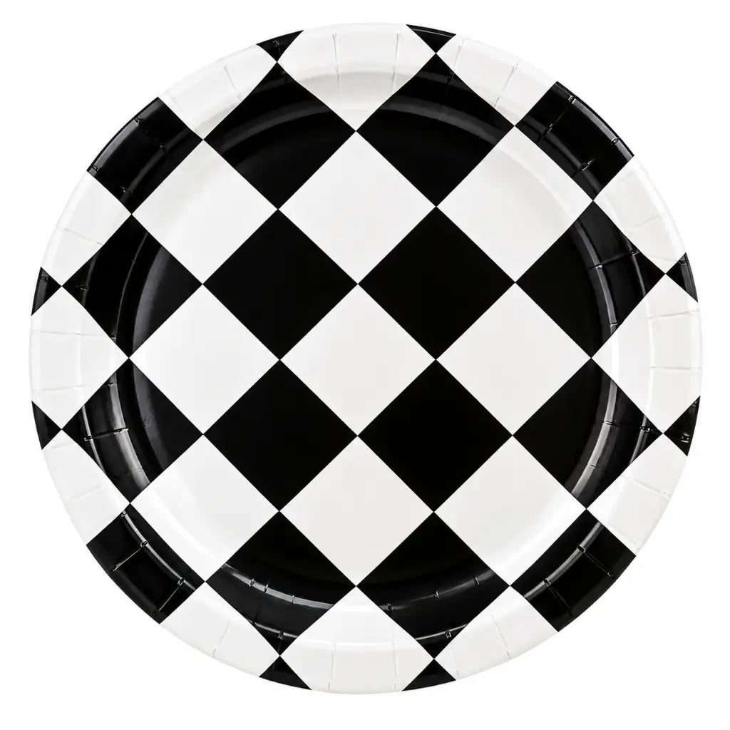 Black and white checkered paper plates 9 inch 8 pack with classic checkerboard design
