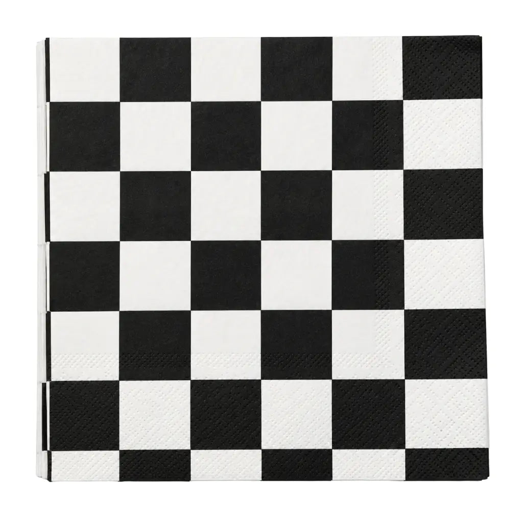  Black and white checkered paper party napkins with classic square checkerboard design