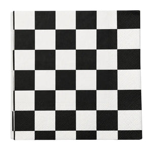  Black and white checkered paper party napkins with classic square checkerboard design