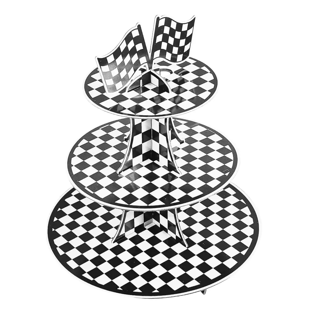 black white checkered 3 tier Racing car theme cupcake stand dessert table