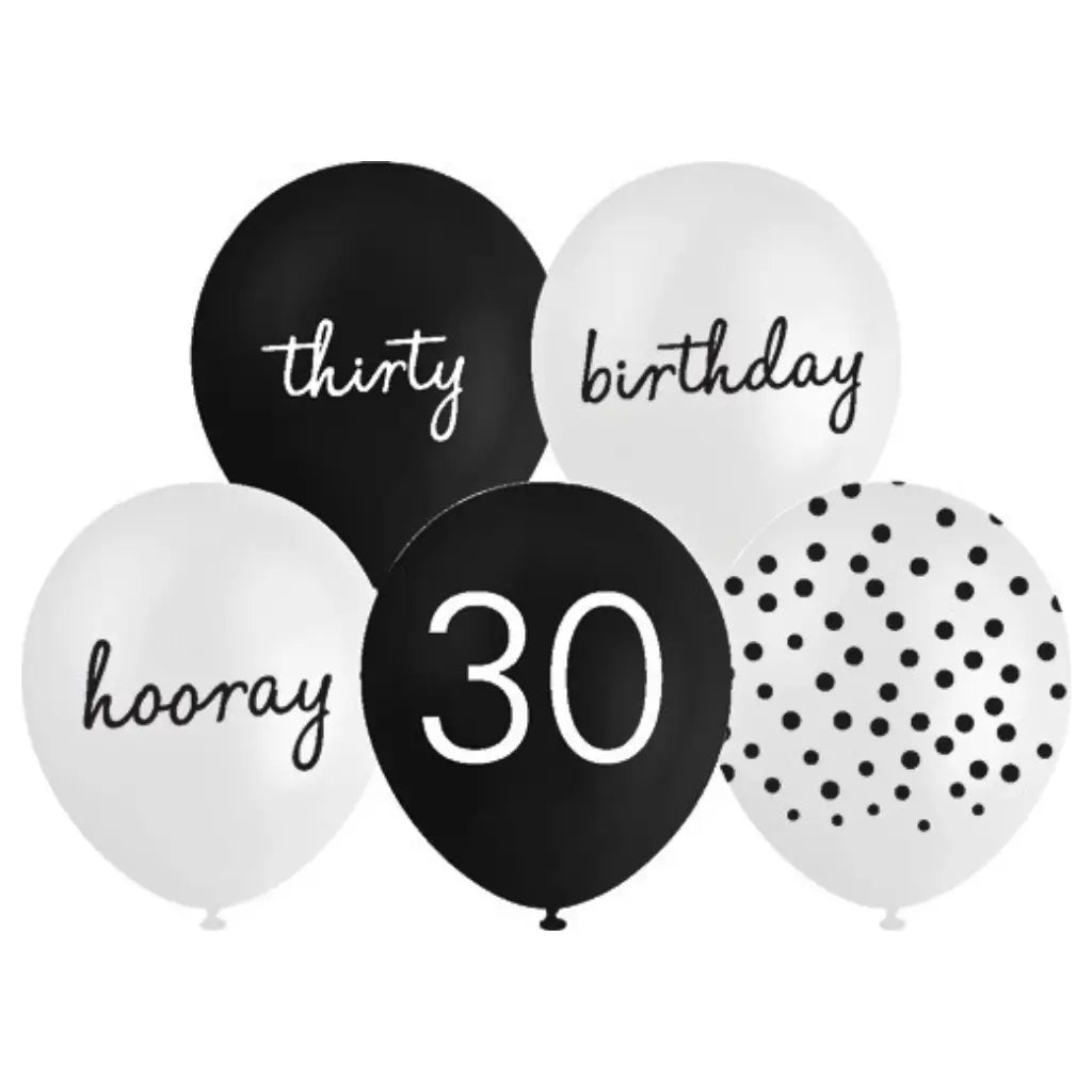 Black and white balloons printed with thirty birthday and hooray messages