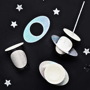 3D planet cups with silver rings for kids’ parties