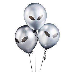 Space-themed alien head silver latex party balloons for kids birthday