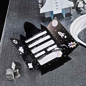 Rocket-shaped tri-fold invitations for kids’ space blast off birthday party