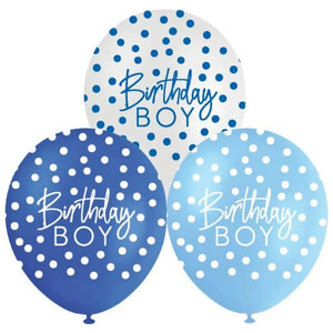 blue Birthday Boy printed latex balloons in a ten pack