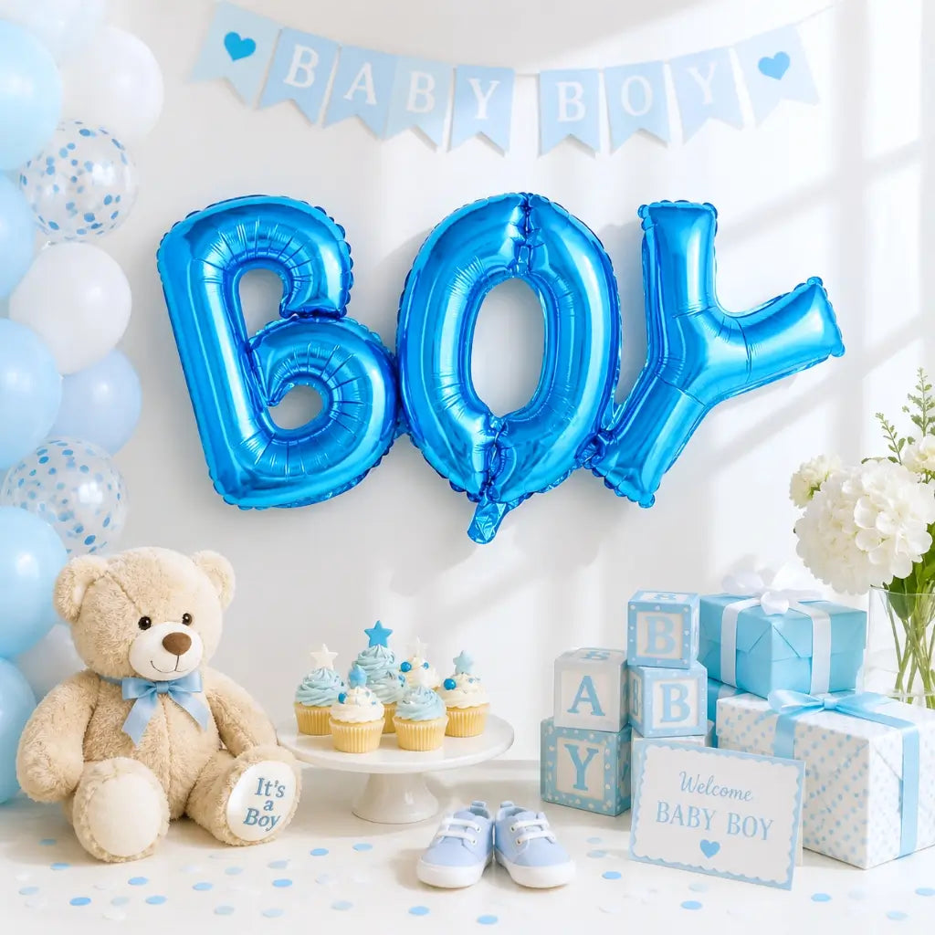 Blue BOY Script Baby Shower Foil Balloon Banner
