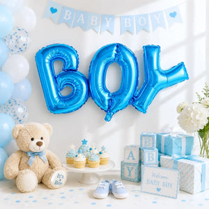 Blue BOY Script Baby Shower Foil Balloon Banner