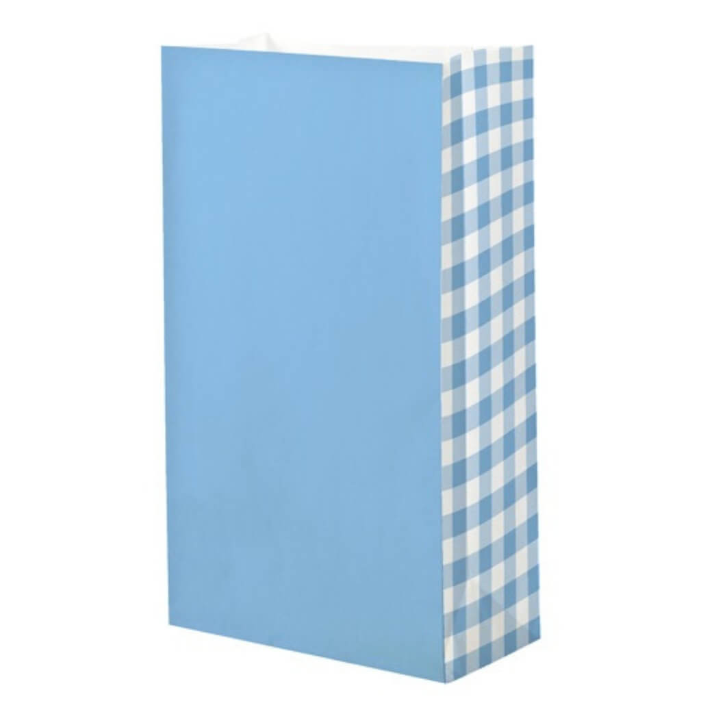 Blue gingham paper party loot bags 8 pack for party favours, treats and gifts.