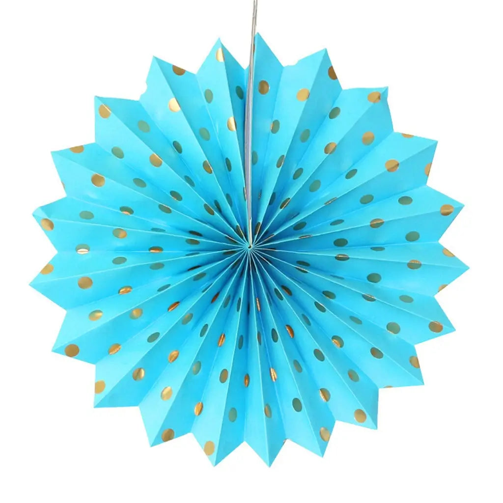 Blue Gold Polka Dot Hanging Paper Fan 30cm