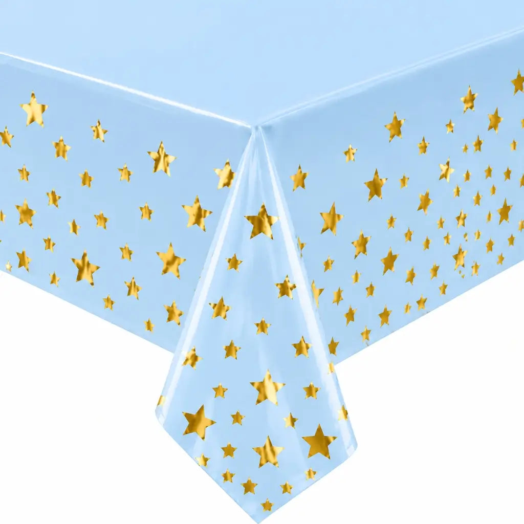 Light blue foil rectangular table cover with metallic gold stars