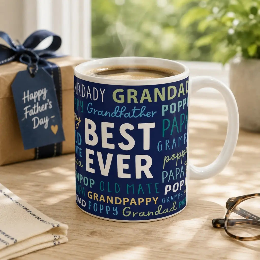 Blue grandfather coffee mug with a white handle and interior