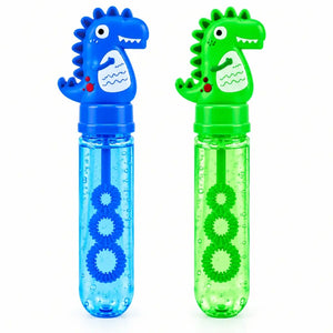 Blue and green dinosaur bubble wands measuring approximately 14cm
