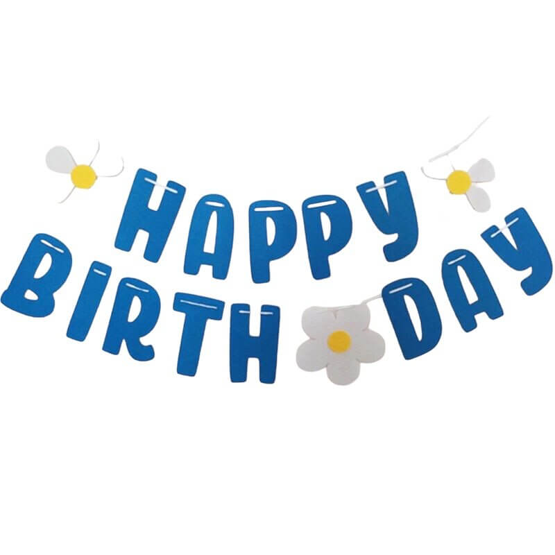 Blue Happy Birthday with White Daisy Flower felt fabric Banner Bunting