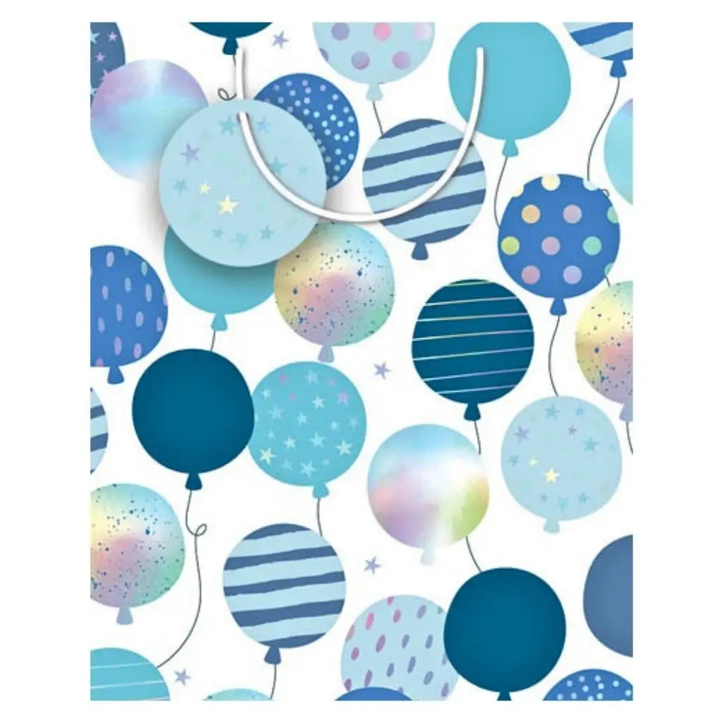 Large blue gift bag with holographic balloon design, rope handles and matching gift tag for birthdays and celebrations