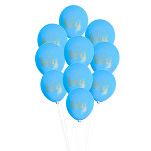 blue its a boy latex balloons with gold print