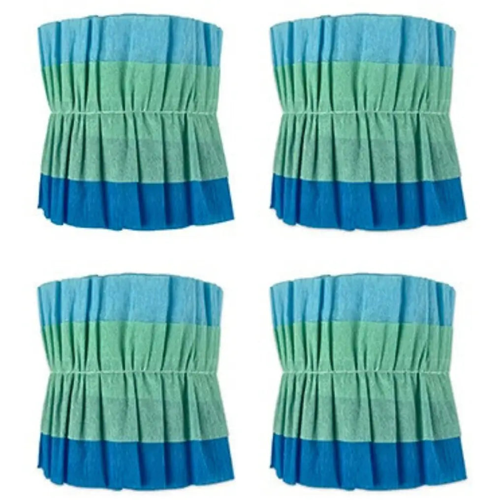 Four blue ombre ruffled paper streamers measuring 3m each