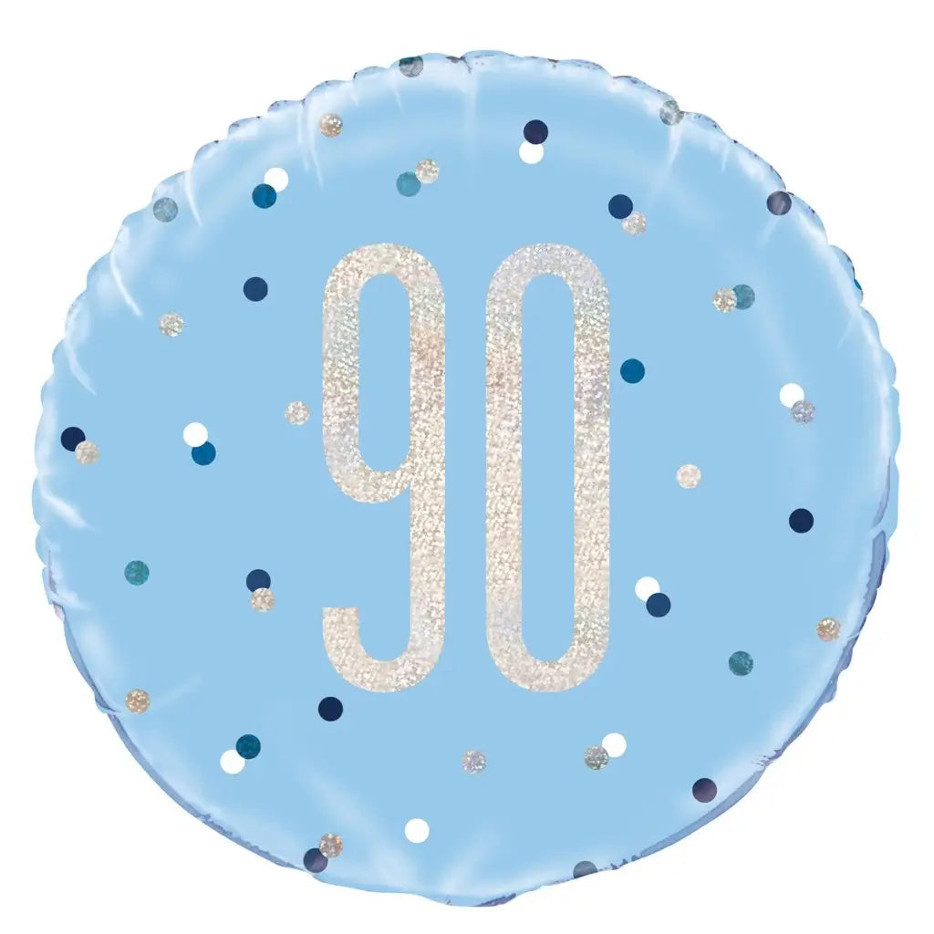 Blue round 90 birthday helium balloon with silver holographic design