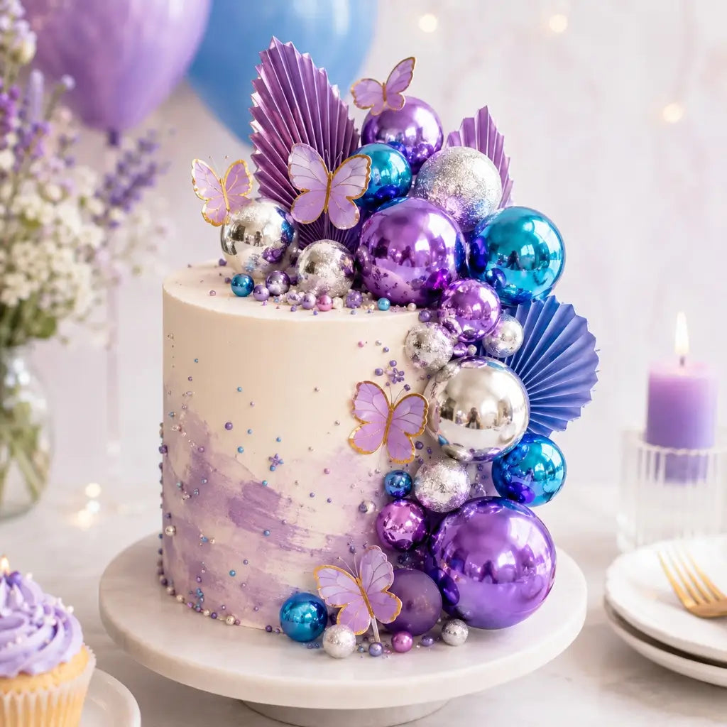 Blue, Purple & Silver Deco Ball, Fan & Butterfly Toppers 27pk
