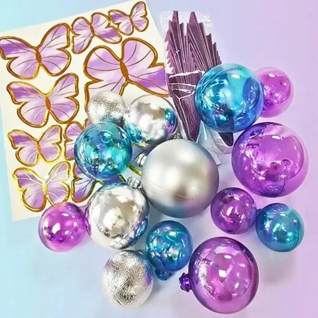 Butterfly paper fan cake decorations blue purple silver